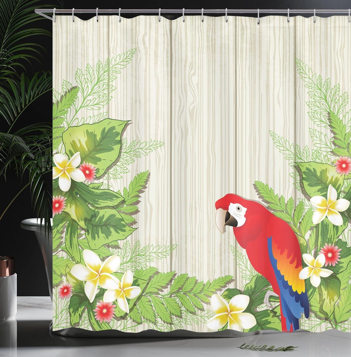 image:imageAmbesonne Hummingbirds Shower Curtain Tropical Flowers and Leaves Natural Foliage Vibrant Color Exotic Rainforest Cloth Fabric Bathroom Decor Set with Hooks 69 W x 70 L Soft Blue Coral GreenCream Green Red