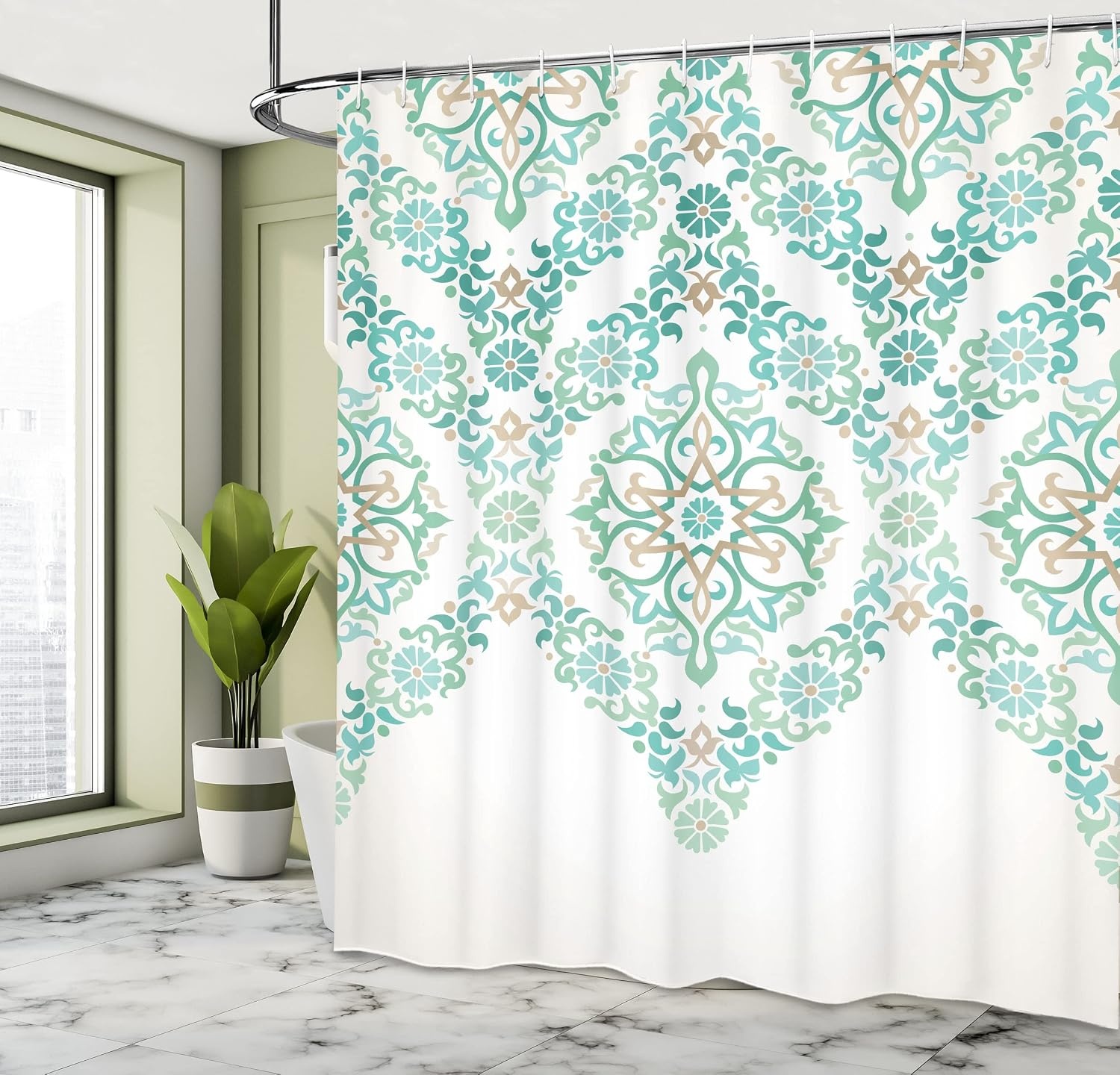 image:imageAmbesonne Hummingbirds Shower Curtain Tropical Flowers and Leaves Natural Foliage Vibrant Color Exotic Rainforest Cloth Fabric Bathroom Decor Set with Hooks 69 W x 70 L Soft Blue Coral GreenGreen Tan