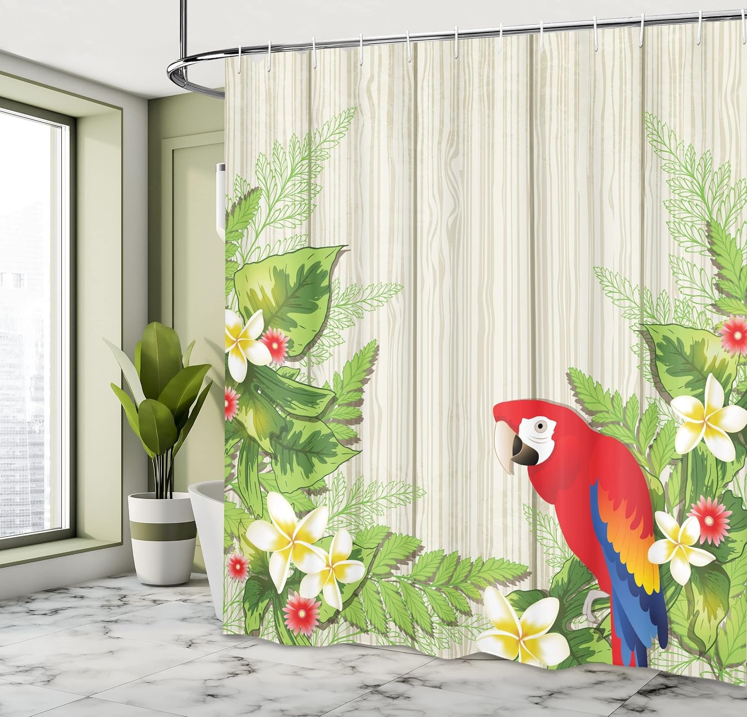image:imageAmbesonne Hummingbirds Shower Curtain Tropical Flowers and Leaves Natural Foliage Vibrant Color Exotic Rainforest Cloth Fabric Bathroom Decor Set with Hooks 69 W x 70 L Soft Blue Coral GreenCream Green Red