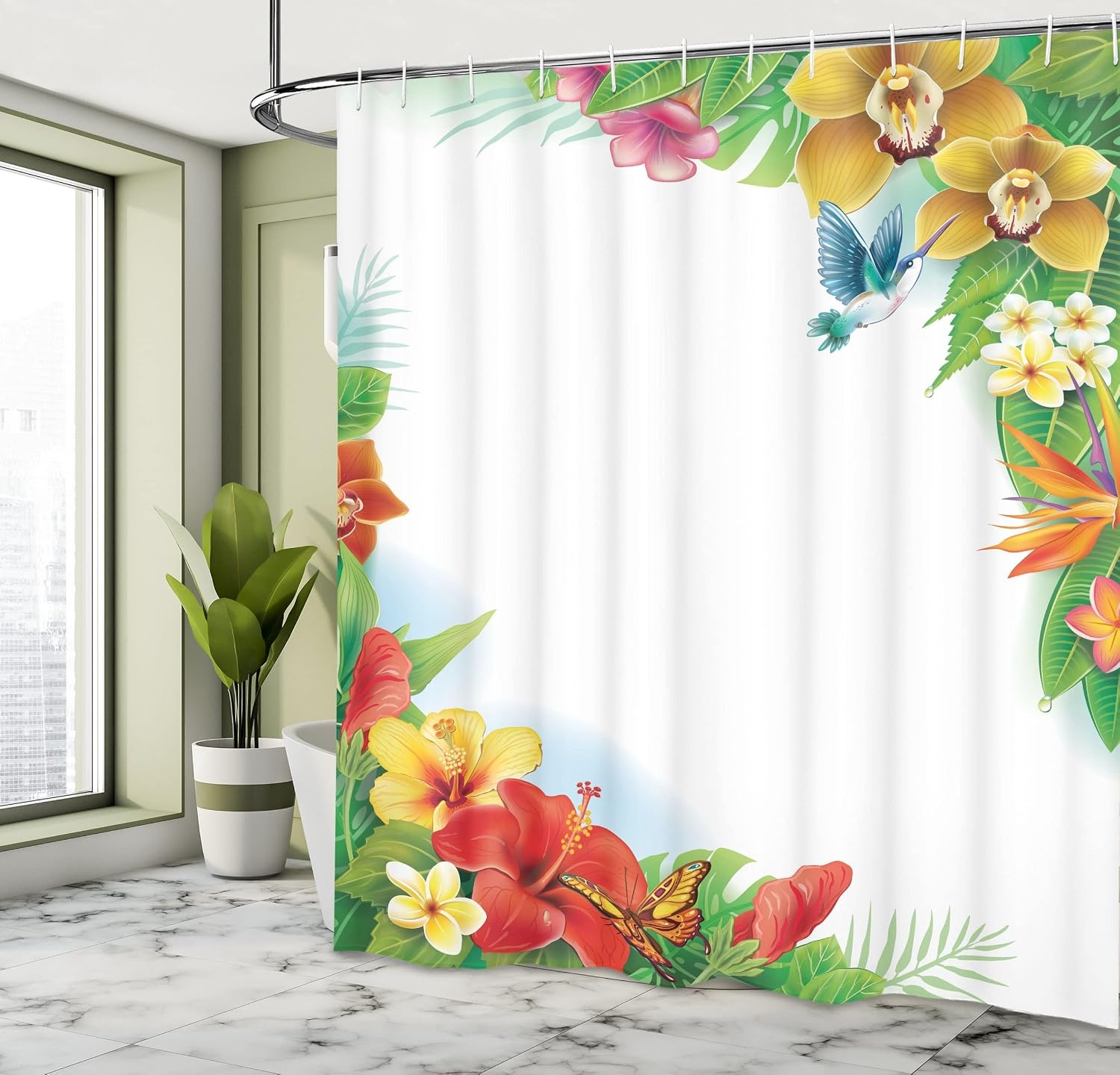 image:imageAmbesonne Hummingbirds Shower Curtain Tropical Flowers and Leaves Natural Foliage Vibrant Color Exotic Rainforest Cloth Fabric Bathroom Decor Set with Hooks 69 W x 70 L Soft Blue Coral GreenSoft Blue Coral Green