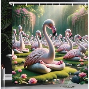 image:imageAmbesonne Flamingo Shower Curtain Serene Birds Surreal and Peaceful Nature Scenery Forest and Lake Cloth Fabric Bathroom Decor Set with Hooks 69 W x 70 L Soft Pink and Lime GreenSoft Pink and Lime Green