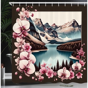image:imageAmbesonne Flamingo Shower Curtain Serene Birds Surreal and Peaceful Nature Scenery Forest and Lake Cloth Fabric Bathroom Decor Set with Hooks 69 W x 70 L Soft Pink and Lime GreenPink Brown and Cadet Blue