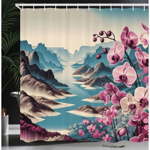 image:imageAmbesonne Flamingo Shower Curtain Serene Birds Surreal and Peaceful Nature Scenery Forest and Lake Cloth Fabric Bathroom Decor Set with Hooks 69 W x 70 L Soft Pink and Lime GreenPale Purple and Sea Blue
