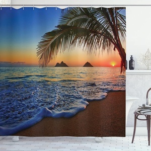 image:imageAmbesonne Hawaiian Shower Curtain Pacific Sunrise at Lanikai Beach Hawaii Wavy Ocean Surface Colorful Sky Scene Cloth Fabric Bathroom Decor Set with Hooks 69 W x 84 L Blue IvoryBlue Ivory