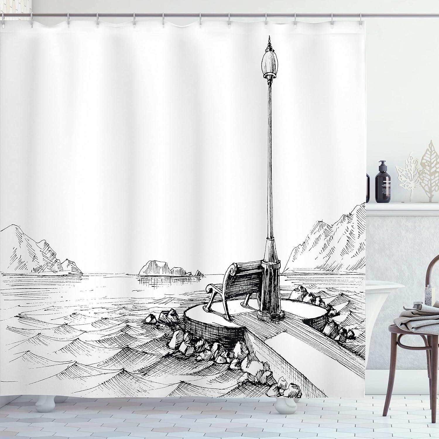 image:imageAmbesonne Vintage Shower Curtain Retro Vibrant Stripes Funky Lines Design Patterns Abstract Print Cloth Fabric Bathroom Decor Set with Hooks 69 W x 75 L Dark TealWhite and Black