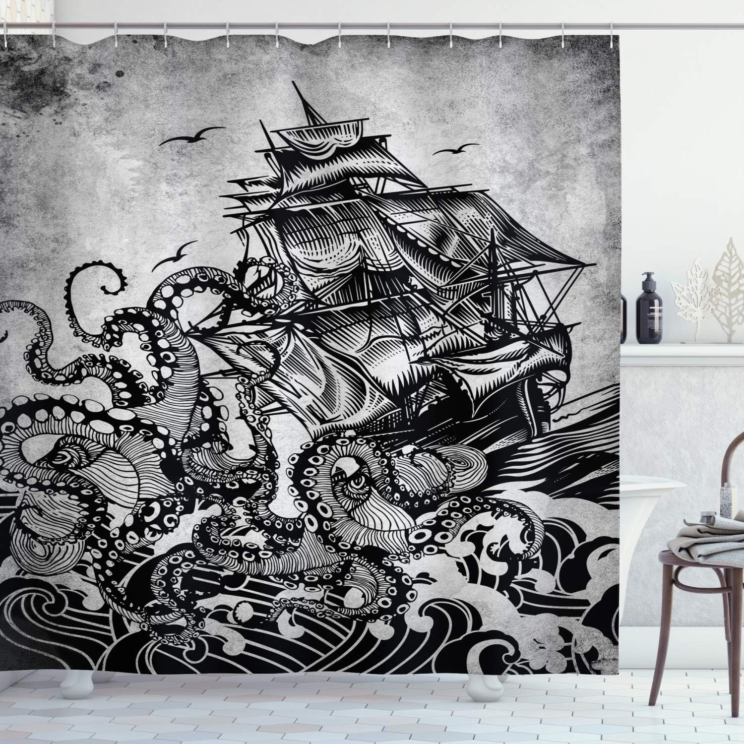 image:imageAmbesonne Vintage Shower Curtain Retro Vibrant Stripes Funky Lines Design Patterns Abstract Print Cloth Fabric Bathroom Decor Set with Hooks 69 W x 75 L Dark TealCharcoal Grey