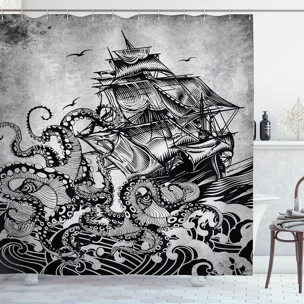 image:imageAmbesonne Vintage Shower Curtain Retro Vibrant Stripes Funky Lines Design Patterns Abstract Print Cloth Fabric Bathroom Decor Set with Hooks 69 W x 75 L Dark TealCharcoal Grey