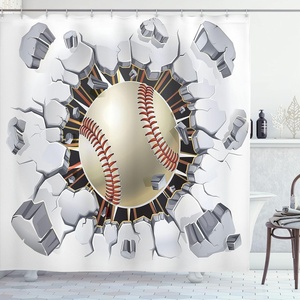 image:imageAmbesonne Sports Shower Curtain Baseball and Old Plaster Concrete Wall Damage Illustration Competition Cloth Fabric Bathroom Decor Set with Hooks 69 W x 75 L Ivory Pale Grey Orange