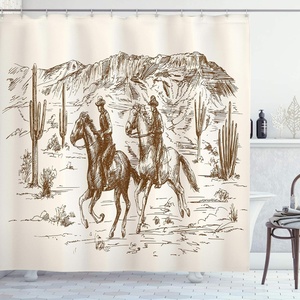 image:imageAmbesonne Western Shower Curtain Country Theme Hand Drawn Illustration of American Wild West Desert with Cowboys Cloth Fabric Bathroom Decor Set with Hooks 69 W x 75 L Umber CreamUmber Cream