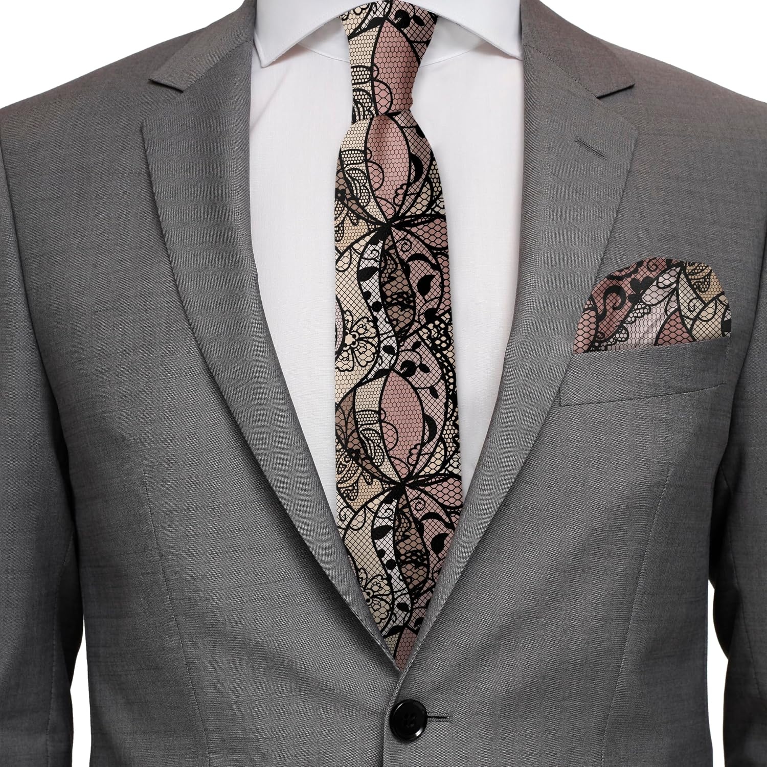 image:imageAmbesonne Victorian Mens Tie Set Black Lace Pattern with Geometric Shapes and Floral Inspirations Vintage Art Necktie Set Groom Handkerchief for Parties Weddings amp All Occasions Multicolor