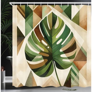 image:imageAmbesonne Monstera Shower Curtain Triangular Geometric Shapes with Leaves on a Cloudy and Dreamy Back Cloth Fabric Bathroom Decor Set with Hooks 69 W x 75 L Camel Grey and Fern GreenFern Green Sepia and Cocoa