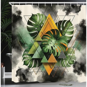 image:imageAmbesonne Monstera Shower Curtain Triangular Geometric Shapes with Leaves on a Cloudy and Dreamy Back Cloth Fabric Bathroom Decor Set with Hooks 69 W x 75 L Camel Grey and Fern GreenCamel Grey and Fern Green