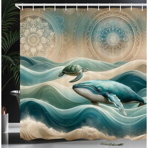 image:imageAmbesonne Monstera Shower Curtain Triangular Geometric Shapes with Leaves on a Cloudy and Dreamy Back Cloth Fabric Bathroom Decor Set with Hooks 69 W x 75 L Camel Grey and Fern GreenTeal Ecru Blue
