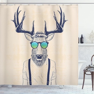image:imageAmbesonne Antlers Shower Curtain Illustration of Deer Dressed up Like Cool Hipster Fashion Creative Fun Animal Cloth Fabric Bathroom Decor Set with Hooks 69 W x 84 L Beige Dark Blue