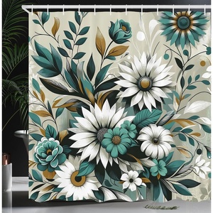 image:imageAmbesonne Green Shower Curtain Futuristic Design of Poppy Flowers with Dreamy Petals and Scandi Lines Cloth Fabric Bathroom Decor Set with Hooks 69 W x 70 L Blue Grey Dark Cadet BlueSea Green Pale Mustard