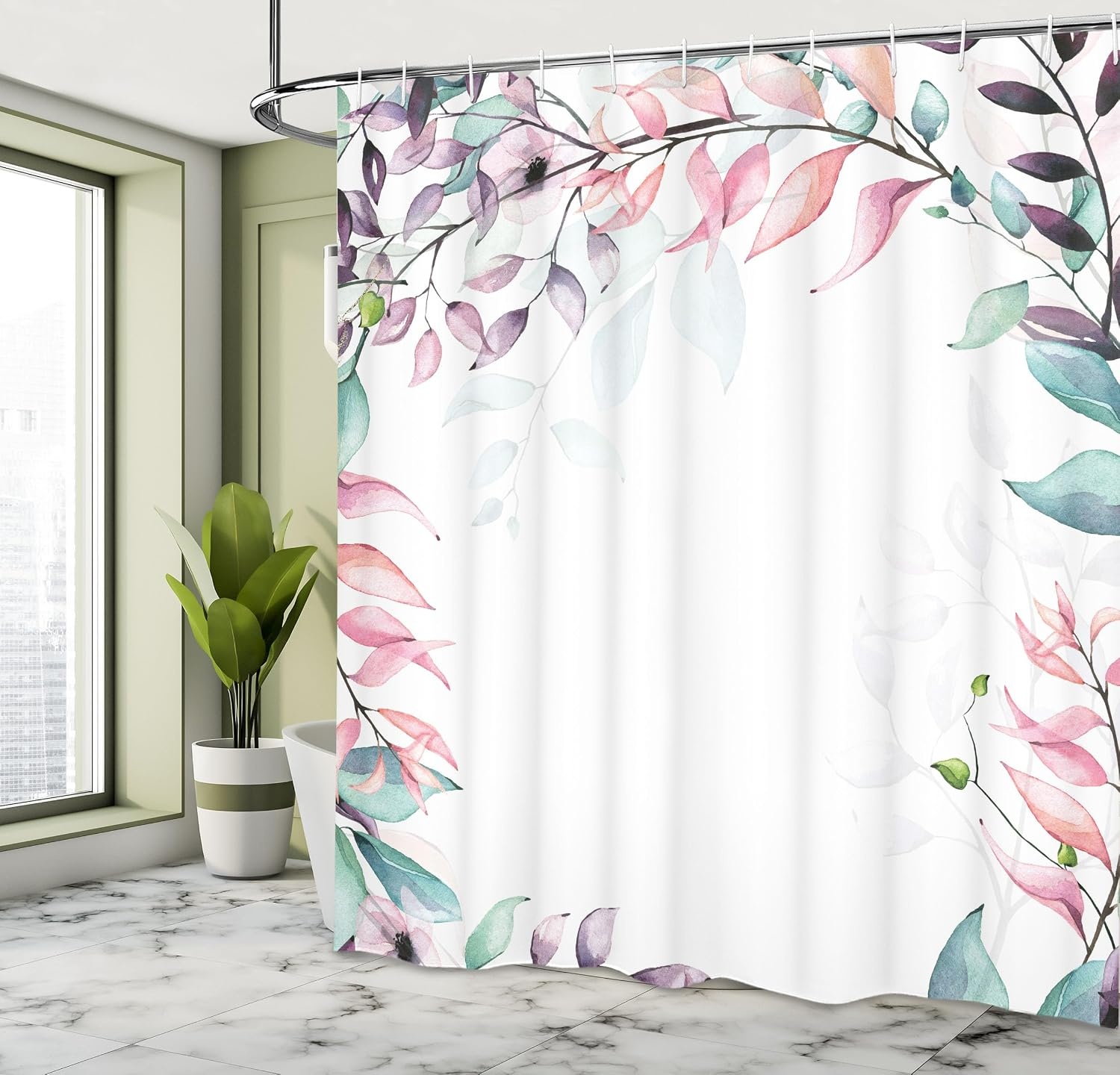 image:imageAmbesonne Eucalyptus Shower Curtain Soft Colors with Watercolor Leaf Print Botanical Dreamy Forest Cloth Fabric Bathroom Decor Set with Hooks 69 W x 70 L Plum Pale Pink and Seafoam