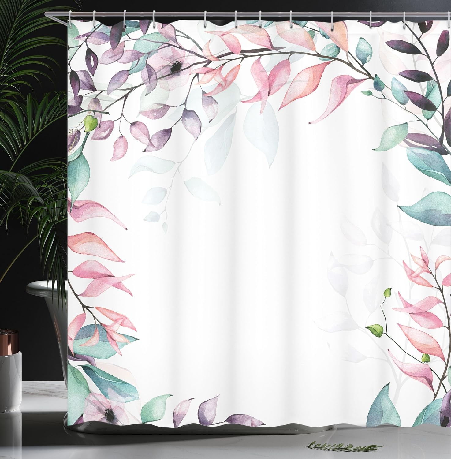image:imageAmbesonne Eucalyptus Shower Curtain Soft Colors with Watercolor Leaf Print Botanical Dreamy Forest Cloth Fabric Bathroom Decor Set with Hooks 69 W x 70 L Plum Pale Pink and Seafoam