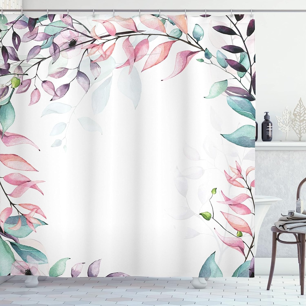 image:imageAmbesonne Eucalyptus Shower Curtain Soft Colors with Watercolor Leaf Print Botanical Dreamy Forest Cloth Fabric Bathroom Decor Set with Hooks 69 W x 70 L Plum Pale Pink and Seafoam