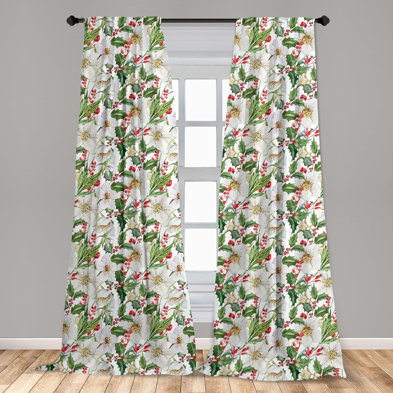 image:imageAmbesonne Watercolor Window Curtains Christmas Themed Floral Poinsettia Berries Winter Inspirations Leaf Lightweight Decor 2Panel Set with Rod Pocket Pair of  28 x 84 Vermilion Yellow GreenVermilion Yellow Green