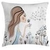 image:imageAmbesonne Retro Throw Pillow Cushion Cover Fashion Woman with Dandelion Flower Spring Wind Garden Sketchy Illustration Decorative Square Accent Pillow Case 16 X 16 Warm Taupe and BlueWarm Taupe and Blue