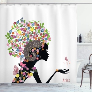 image:imageAmbesonne Zodiac Aries Shower Curtain Fashion Girl Aries Woman with Horns Floral Dress Lively Blossoms Butterflies Cloth Fabric Bathroom Decor Set with Hooks 69 W x 70 L Green Pink BlackGreen Pink Black