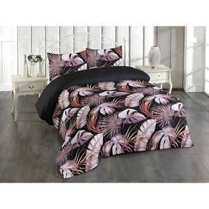 image:imageAmbesonne Tropical Duvet Cover Set Exotic Jungle Leaves on Black Background Watercolor Hawaiian Branches Reversible 3 Piece Bedding Set with 2 Pillow Shams Queen Plum Grey Pink Salmon