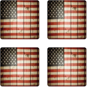 image:imageAmbesonne American Flag Coaster Set of 4 USA Flag Over Vertical Striped Wooden Board Citizen Solidarity Artwork Square Hardboard Gloss Coasters Standard Size Coral CreamCoral Cream