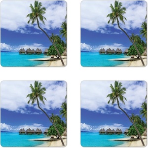 image:imageAmbesonne American Flag Coaster Set of 4 USA Flag Over Vertical Striped Wooden Board Citizen Solidarity Artwork Square Hardboard Gloss Coasters Standard Size Coral CreamGreen Blue