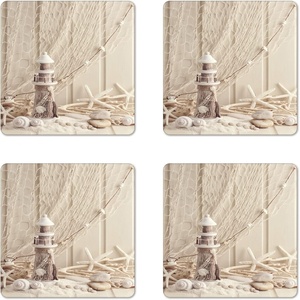 image:imageAmbesonne American Flag Coaster Set of 4 USA Flag Over Vertical Striped Wooden Board Citizen Solidarity Artwork Square Hardboard Gloss Coasters Standard Size Coral CreamBeige Cream