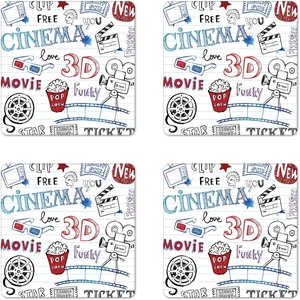image:imageAmbesonne Movie Theater Coaster Set of 4 Various Hand Drawn on a Notebook Page Style Backdrop Hollywood Fun Square Hardboard Gloss Coasters Standard Size White BlueWhite Blue