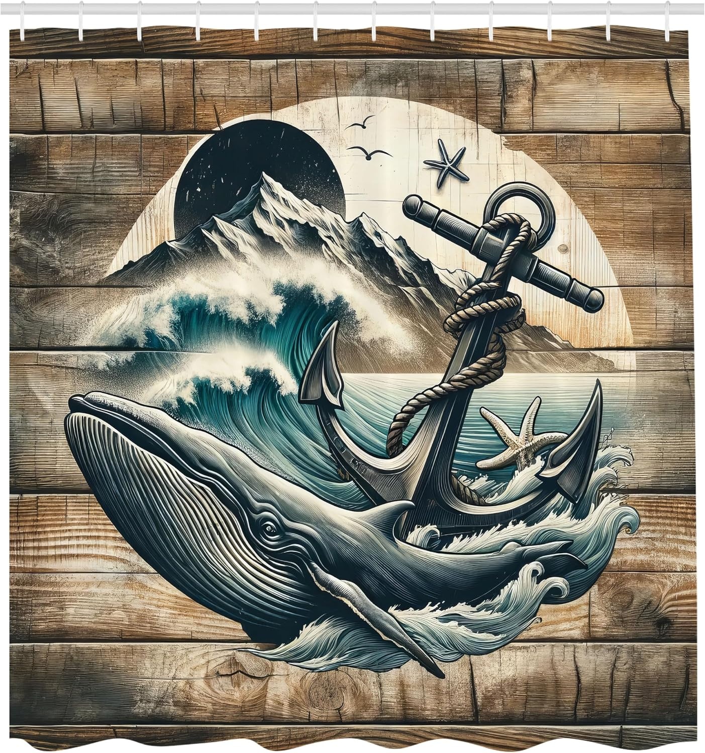image:imageAmbesonne Nautical Shower Curtain Retro Sailing Adventure Rustic Wooden Marine Cottage Anchor Whale Waves Cloth Fabric Bathroom Decor Set with Hooks 69 W x 70 L Brown and Slate BlueBrown and Slate Blue