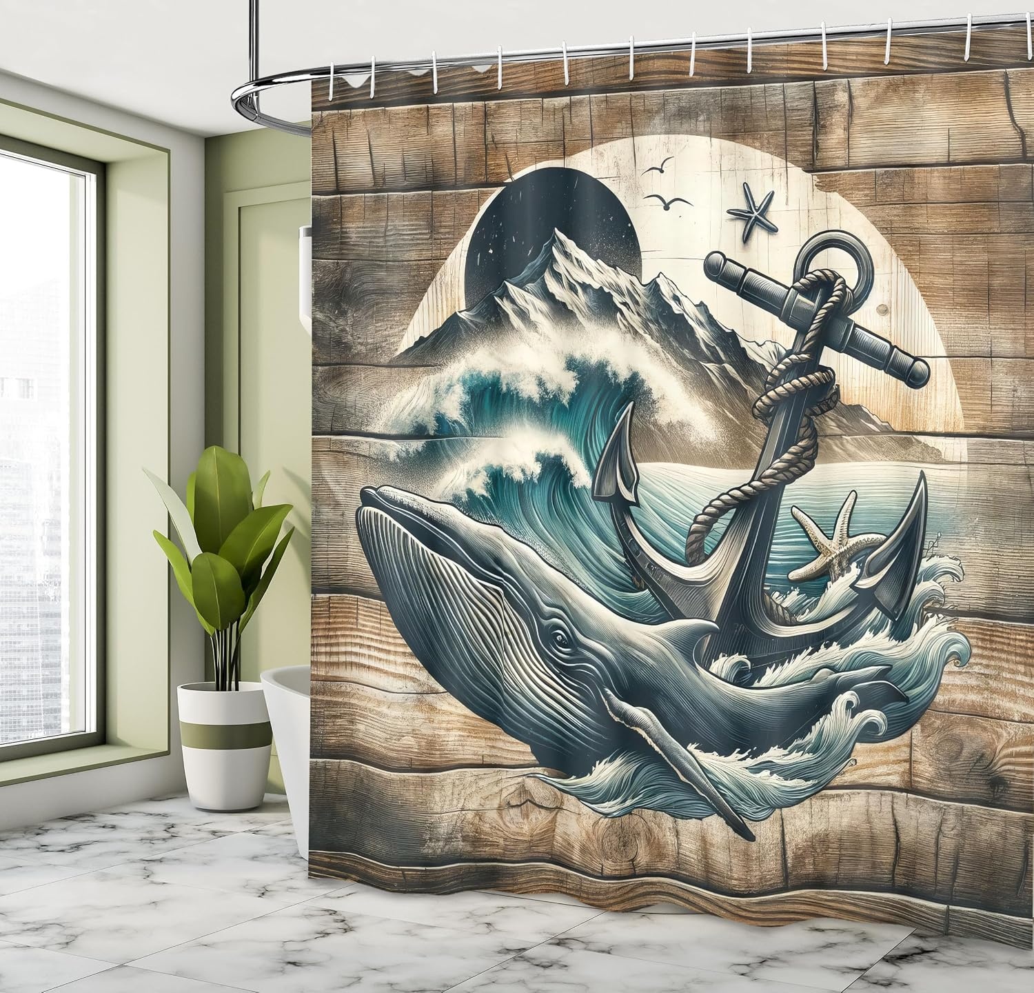 image:imageAmbesonne Nautical Shower Curtain Retro Sailing Adventure Rustic Wooden Marine Cottage Anchor Whale Waves Cloth Fabric Bathroom Decor Set with Hooks 69 W x 70 L Brown and Slate BlueBrown and Slate Blue