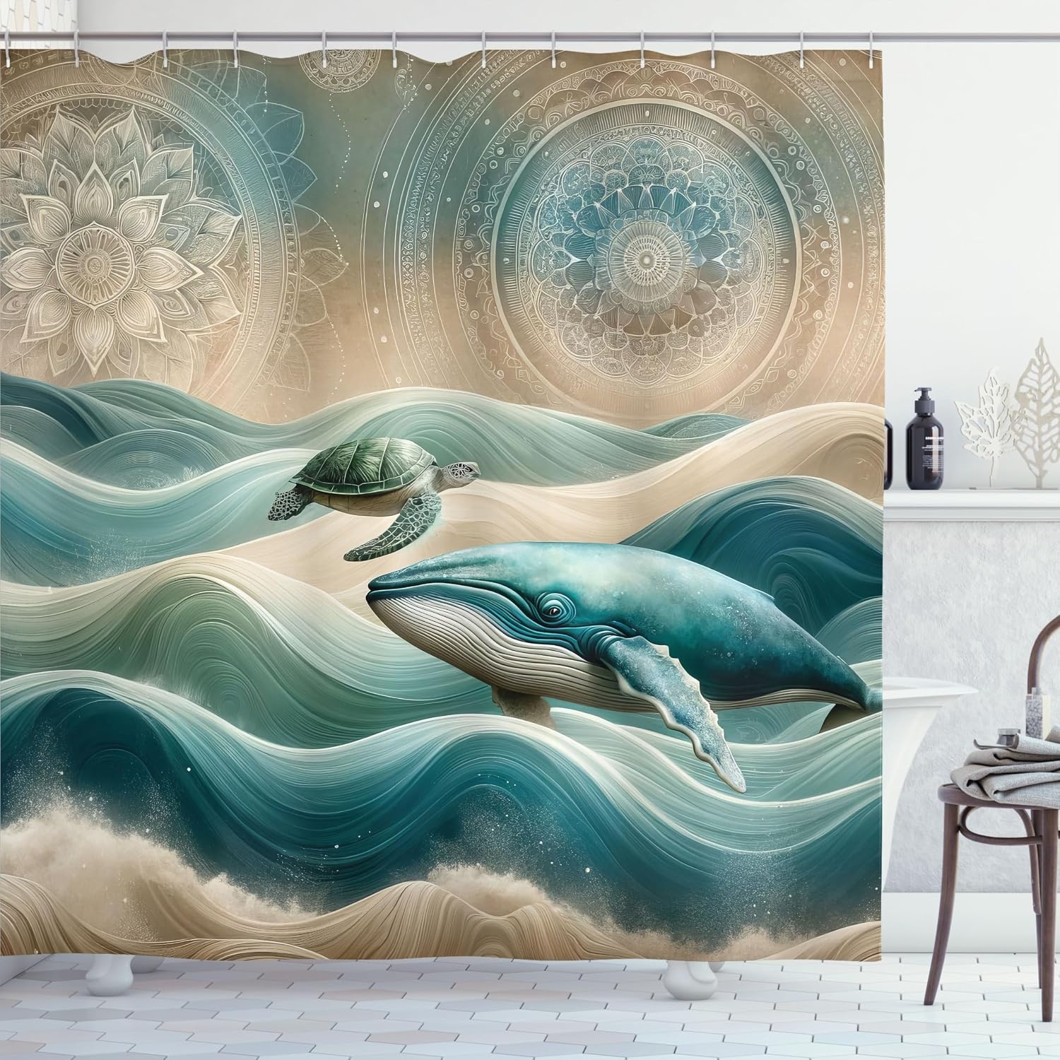 image:imageAmbesonne Nautical Shower Curtain Retro Sailing Adventure Rustic Wooden Marine Cottage Anchor Whale Waves Cloth Fabric Bathroom Decor Set with Hooks 69 W x 70 L Brown and Slate BlueTeal Ecru Blue