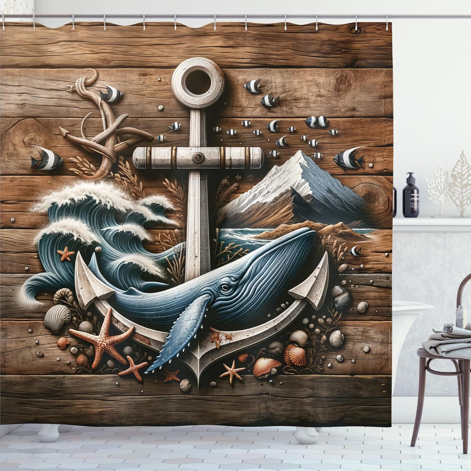 image:imageAmbesonne Nautical Shower Curtain Retro Sailing Adventure Rustic Wooden Marine Cottage Anchor Whale Waves Cloth Fabric Bathroom Decor Set with Hooks 69 W x 70 L Brown and Slate BlueCocoa and Slate Blue