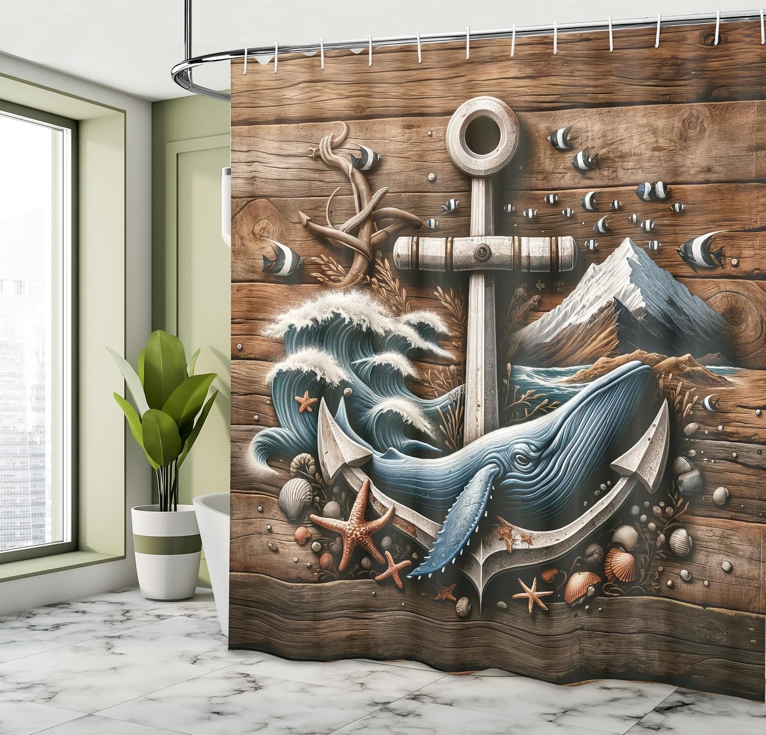 image:imageAmbesonne Nautical Shower Curtain Retro Sailing Adventure Rustic Wooden Marine Cottage Anchor Whale Waves Cloth Fabric Bathroom Decor Set with Hooks 69 W x 70 L Brown and Slate BlueCocoa and Slate Blue