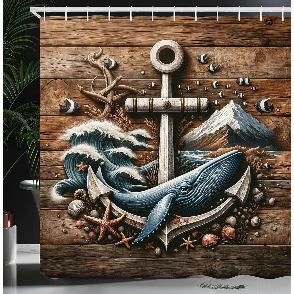image:imageAmbesonne Nautical Shower Curtain Retro Sailing Adventure Rustic Wooden Marine Cottage Anchor Whale Waves Cloth Fabric Bathroom Decor Set with Hooks 69 W x 70 L Brown and Slate BlueCocoa and Slate Blue