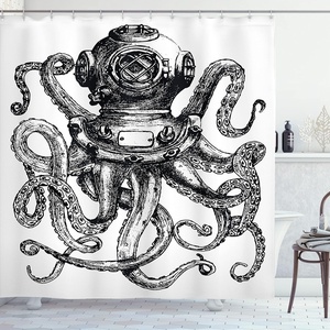 image:imageAmbesonne Octopus Shower Curtain Vintage Style Diver Octopus Marine Animal Tentacles Scuba Concept Cloth Fabric Bathroom Decor Set with Hooks 69 W x 75 L Charcoal Grey and White