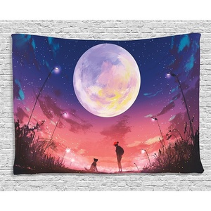 image:imageAmbesonne Fantasy Tapestry Young Woman with a Dog Under Huge Moon Starry Sky Celestial Friendship Art Wide Wall Hanging for Bedroom Living Room Dorm 60 X 40 Coral Indigo