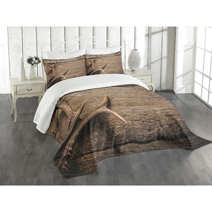 image:imageAmbesonne Antlers Bedspread Deer Antlers on Wood Table Rustic Texture Surface Hunting Season Fall Gathering Art Decorative Quilted 3 Piece Coverlet Set with 2 Pillow Shams Queen Size Umber