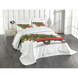 image:imageAmbesonne Christmas Bedspread Red Retro Style Farm Truck and Big Xmas Tree Tinsel Balls Candy Design Decorative Quilted 3 Piece Coverlet Set with 2 Pillow Shams Queen Size Green White