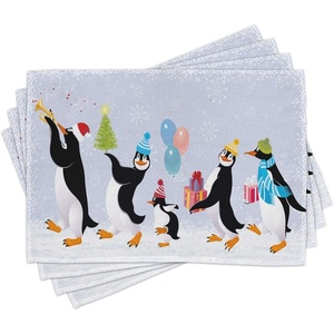 image:imageAmbesonne Christmas Place Mats Set of 4 Group of Penguins in Caps Walking on Snow with Surprise Washable Fabric Placemats for Dining Table Standard Size Soft Lavender