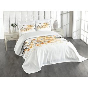 image:imageAmbesonne Fall Bedspread Branch Pale Autumn Leaves and Birds Natural Change in Season Summertime Print Decorative Quilted 3 Piece Coverlet Set with 2 Pillow Shams Queen Size Yellow Cream