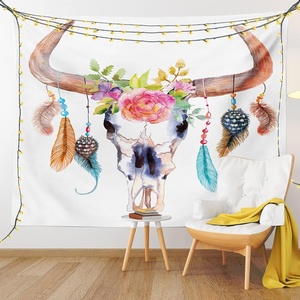 image:imageAmbesonne Feather Tapestry Watercolor Style Bull Skull Ornaments Vibrant Image Wide Wall Hanging for Bedroom Living Room Dorm 60 X 40 White Brown