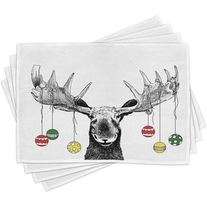 image:imageAmbesonne Moose Place Mats Set of 4 Christmas Animal Xmas Ornaments Balls Hanging from Horns Funny Noel Sketch Art Washable Fabric Placemats for Dining Table Standard Size Black and White
