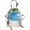image:imageAmbesonne Turquoise Apron Tropical Palm Trees on Island Ocean Beach Scenery View by Wooden Windows Unisex Kitchen Bib with Adjustable Neck for Cooking Gardening Adult Size Blue White