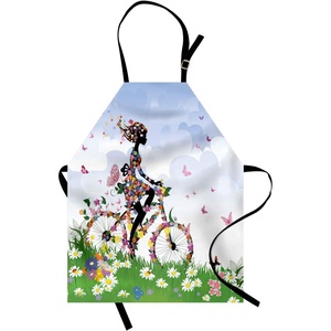 image:imageAmbesonne Outdoor Apron Woman Riding Vintage Romantic Bike with Spring Time Flowers in Basket Nature Image Unisex Kitchen Bib with Adjustable Neck for Cooking Gardening Adult Size Green Blue