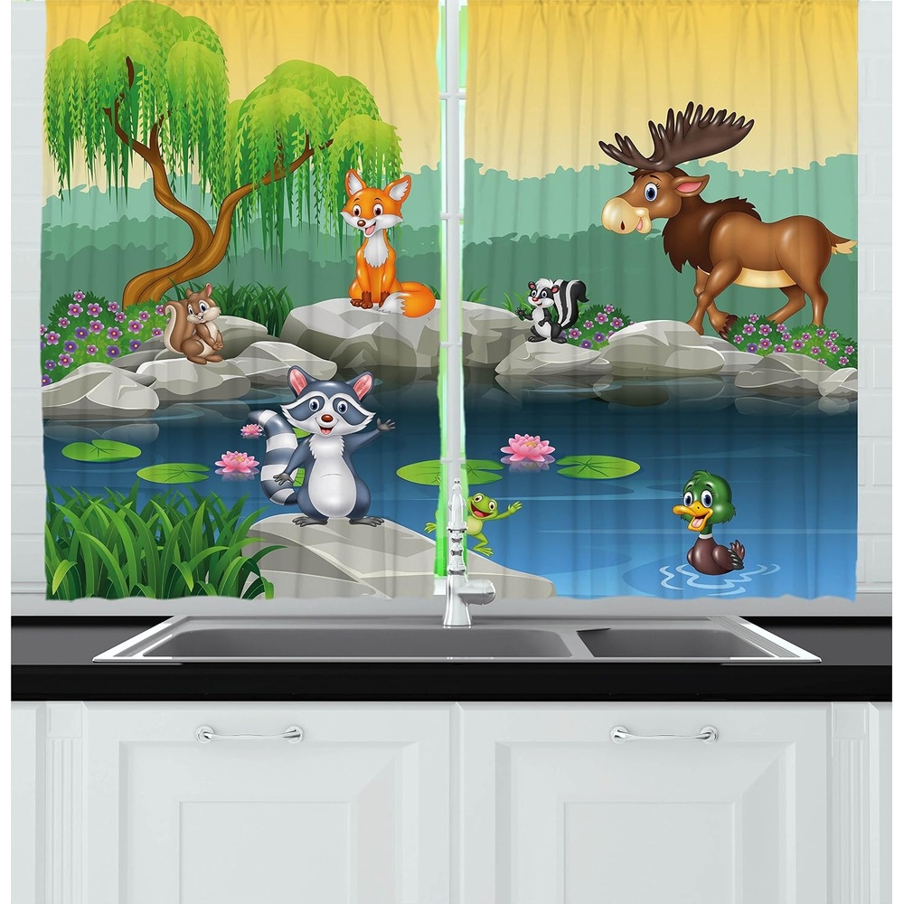 image:imageAmbesonne Cartoon Kitchen Curtains Colorful Scene of Animals Happy Smiling Faces Digital Illustration Window Drapes 2 Panel Set for Kitchen Cafe Decor 55 x 39 Lime Green and MulticolorLime Green and Multicolor