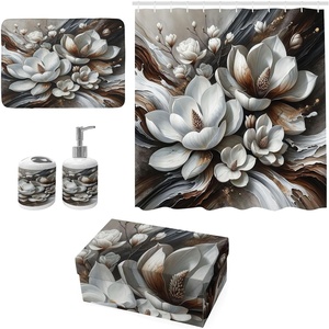 image:imageAmbesonne Brown Bathroom Decor Set 4 Pcs Including Shower Curtain with Hooks Bath Mat Soap Dispenser Toothbrush Holder in Box Essentials amp Accessories Magnolia Watercolor White Dark Grey ChocolateWhite Dark Grey Chocolate