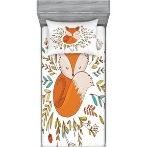 image:imageAmbesonne Cartoon Fitted Sheet amp Pillow Sham Set Fox Sleeping in a Floral Made Bed Circle Art Print Decorative Printed 2 Piece Bedding Decor Set Twinxl Dark OrangeDark Orange
