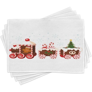 image:imageAmbesonne Christmas Place Mats Set of 4 Train Gingerbread Cream Candy Cartoon Toys Snowflakes Presents Washable Fabric Placemats for Dining Table Standard Size White Brown